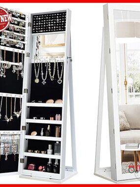 Tall Full Length Mirror Jewelry Armoire with Lockable Storage Organizer
